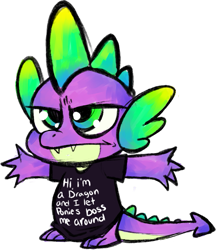 Size: 603x698 | Tagged: safe, artist:spooksy, spike, dragon, clothes, graphic tee, shirt, solo, text, unamused