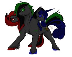 Size: 900x720 | Tagged: safe, artist:phenoxfire, derpibooru import, oc, oc only, cerberus, esmeralda, multiple heads, sapphire, scarlet, solo, three heads, three-headed pony