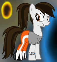 Size: 1600x1740 | Tagged: safe, artist:nyxeradragon2595, derpibooru import, chell, female, mare, ponified, portal, portal (valve), portal 2, solo