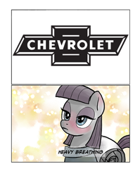 Size: 664x833 | Tagged: safe, artist:pencils, maud pie, blushing, bowtie, chevrolet, exploitable meme, heavy breathing, maud spies something hard, meme, solo