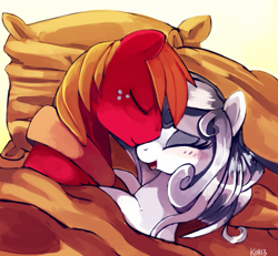 Size: 847x782 | Tagged: safe, artist:si1vr, derpibooru import, big macintosh, oc, oc:clarity, earth pony, pony, bed, blanket, canon x oc, eyes closed, male, open mouth, shipping, sleeping, smiling, snuggling, stallion, straight