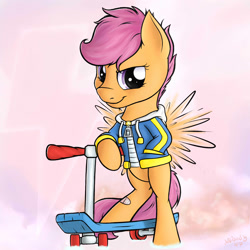 Size: 2000x2000 | Tagged: safe, artist:nobody47, derpibooru import, scootaloo, pony, bipedal, clothes, scooter, solo