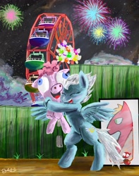 Size: 3511x4449 | Tagged: safe, artist:owlvortex, derpibooru import, fleetfoot, pegasus, pony, zen and the art of gazebo repair, spoiler:comic, spoiler:comic09, clothes, eyes closed, female, ferris wheel, fireworks, fleetmac, happy, male, mare, pinkie costume, pinkie pie's pinkie pie costume, plushie, plushie pie, pony costume, shipping, spike's custom pony figures, stallion, straight