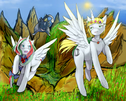 Size: 715x576 | Tagged: safe, artist:lululu130, derpibooru import, oc, oc only, alicorn, pony, alchemy, alicorn oc, cape, clothes, necklace, paint tool sai, present, sun, tail bow