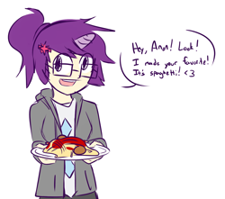 Size: 1280x1133 | Tagged: source needed, useless source url, safe, derpibooru import, oc, oc only, oc:anon, human, /mlp/, 4chan, female, food, glasses, horned humanization, humanized, mlp tan, solo, spaghetti