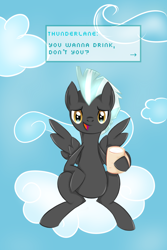 Size: 1600x2400 | Tagged: safe, artist:mizunny, thunderlane, pegasus, pony, alcohol, cloud, dialogue, looking at you, male, mug, sitting, sky, solo, stallion, talking to viewer