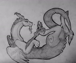 Size: 2849x2369 | Tagged: safe, artist:themoonraven, derpibooru import, discord, spike, dragon, dispike, gay, heart, interspecies, male, monochrome, shipping, traditional art