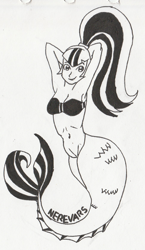 Size: 976x1684 | Tagged: safe, artist:nerevars, sonata dusk, mermaid, armpits, cleavage, female, mermaidized, pen, solo, species swap