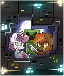 Size: 1015x1215 | Tagged: safe, artist:php56, derpibooru import, button mash, sweetie belle, cookie, creeper, don't mine at night, eating, minecraft, pickaxe, sword, weapon