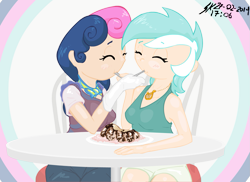 Size: 1375x1000 | Tagged: safe, artist:shinekolt, bon bon, lyra heartstrings, sweetie drops, human, eating, female, humanized, ice cream, lesbian, lyrabon, shipping