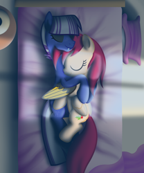 Size: 2998x3598 | Tagged: safe, artist:tsand106, artist:zacatron94, oc, oc only, oc:holly day, oc:midnight wish, bed, bedroom, cuddling, hug, oc x oc, pillow, shipping, sleeping, snuggling