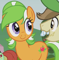 Size: 593x599 | Tagged: safe, derpibooru import, screencap, apple leaves, candy apples, hayseed turnip truck, earth pony, pony, apple family reunion, apple family member, background pony, bucktooth, cropped, female, mare, solo focus