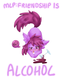 Size: 562x696 | Tagged: safe, artist:lulu-fly, derpibooru import, berry punch, berryshine, alcohol, blushing, drunk, messy mane, solo, tongue out, wine, wine glass