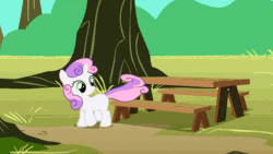 Size: 1010x571 | Tagged: safe, derpibooru import, edit, edited screencap, screencap, sweetie belle, the show stoppers, animated, reversed, solo, sweeping, sweepy belle