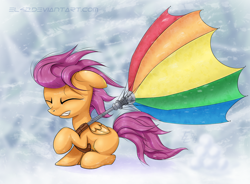 Size: 2252x1660 | Tagged: safe, artist:eltaile, artist:xn-d, derpibooru import, scootaloo, blizzard, snow, snowfall, solo, umbrella