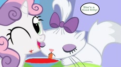 Size: 500x277 | Tagged: safe, derpibooru import, opalescence, sweetie belle, cat, pony, unicorn, ask-strangey-belle, duo, female, filly