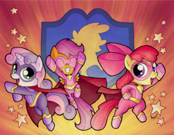 Size: 1280x991 | Tagged: safe, artist:agnesgarbowska, derpibooru import, idw, apple bloom, scootaloo, sweetie belle, adorabloom, cute, cutealoo, cutie mark crusaders, diasweetes, superhero