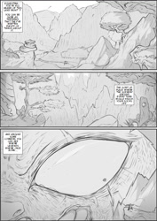 Size: 794x1123 | Tagged: safe, artist:nxyde, ursa major, comic, grayscale, monochrome, mountain, scar, scenery, starmap, tree