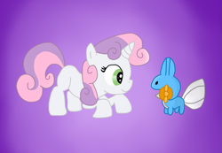 Size: 1005x697 | Tagged: safe, artist:petshoppokemon, derpibooru import, sweetie belle, crossover, mudkip, pokémon