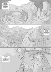 Size: 794x1123 | Tagged: safe, artist:nxyde, oc, oc only, anthro, comic, grayscale, monochrome, mountain, scenery, staff, starmap, tree, wizard