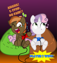 Size: 817x912 | Tagged: safe, artist:changeling #209458, button mash, sweetie belle, crying, cute, female, male, prehensile tail, shipping, straight, sweetiemash, tickling, video game