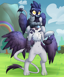 Size: 5000x6010 | Tagged: safe, artist:extradan, giselle, irma, natalya, griffon, semi-anthro, rainbow falls, absurd resolution, belly button, bipedal, blushing, cute, griffons riding griffons, leaning, peace sign, riding, smiling, wink