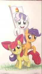 Size: 1080x1920 | Tagged: safe, artist:thefriendlyelephant, derpibooru import, apple bloom, scootaloo, sweetie belle, candy corn, cutie mark crusaders, flag, object on drawing, traditional art