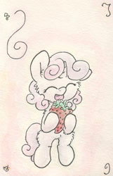 Size: 661x1025 | Tagged: safe, artist:slightlyshade, sweetie belle, happy, solo, strawberry, traditional art