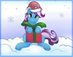 Size: 4400x3458 | Tagged: safe, artist:viwrastupr, oc, oc only, oc:gyro tech, unicorn, christmas, cute, hat, present, santa hat, snow, snowfall, snowflake