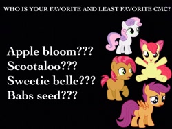 Size: 1024x768 | Tagged: safe, derpibooru import, apple bloom, babs seed, scootaloo, sweetie belle, cutie mark crusaders, derpibooru forums, favorite pony, least favorite pony, text