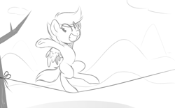 Size: 1194x742 | Tagged: safe, artist:sb, derpibooru import, scootaloo, pony, bipedal, monochrome, sketch, solo, trapeze