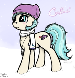 Size: 554x572 | Tagged: safe, artist:magicalhoney, coco pommel, clothes, scarf, snow, snowfall, solo