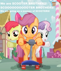 Size: 1024x1197 | Tagged: safe, derpibooru import, apple bloom, scootaloo, sweetie belle, cutie mark crusaders, grand theft auto, scooter, scooter brothers, text, trevor philips, youtube link