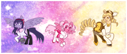 Size: 1222x526 | Tagged: safe, artist:miniyuna, pegasus, pony, unicorn, clothes, homura akemi, madoka kaname, magical girl, mami tomoe, ponified, puella magi madoka magica, time machine