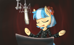 Size: 1150x700 | Tagged: safe, artist:luciferamon, coco pommel, pony, semi-anthro, bipedal, clothes, microphone, singing, solo, studio