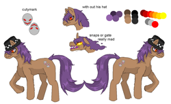 Size: 1024x628 | Tagged: safe, artist:kittenax, derpibooru import, oc, oc only, oc:kyoki, pony, unicorn, cutie mark, fedora, hat, male, reference sheet, solo, stallion, text, wat