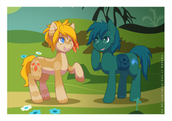 Size: 1200x843 | Tagged: safe, artist:re-sublimity-kun, oc, oc only, earth pony, pony, everfree forest, feather, saddle bag, tattoo