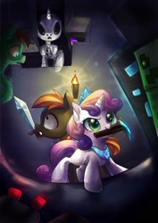Size: 1240x1748 | Tagged: safe, artist:akamei, derpibooru import, button mash, sweetie belle, earth pony, pony, skeleton pony, undead, unicorn, zombie, zombie pony, bone, colt, creeper, dark, diamond pickaxe, don't mine at night, female, fight, filly, foal, glow, male, minecraft, mouth hold, pickaxe, pixiv, skeleton, sword, weapon