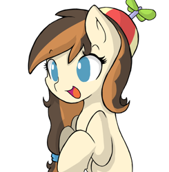 Size: 880x899 | Tagged: safe, artist:hikariviny, derpibooru import, oc, oc only, oc:newbie swing, accessory theft, filly, hat, offspring, parent:button mash, parent:sweetie belle, parents:sweetiemash, propeller hat, solo