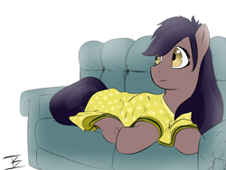 Size: 4000x3000 | Tagged: safe, artist:infernalbeggar, oc, oc only, clothes, dress, looking back, prone, smiling, sofa, solo, underhoof
