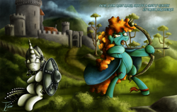 Size: 1250x789 | Tagged: safe, artist:jamescorck, oc, oc only, oc:movie slate, oc:nessie, arrow, bow (weapon), bow and arrow, brave, castle, helmet, merida, shield