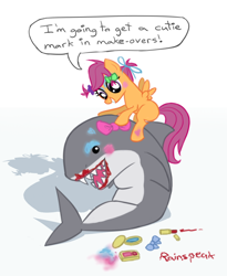 Size: 810x987 | Tagged: safe, artist:rainspeak, derpibooru import, scootaloo, shark, eyeshadow, lipstick, makeup