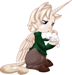 Size: 870x902 | Tagged: safe, artist:hollowzero, derpibooru import, oc, oc only, oc:pearly gates, alicorn, owl, pony, alicorn oc, clothes, pants, shoes, sweater