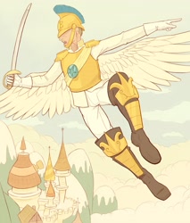 Size: 2300x2700 | Tagged: safe, artist:jakneurotic, derpibooru import, human, armor, canterlot, covered eyes, flying, helmet, humanized, male, man, royal guard, saber, solo, sword, weapon, winged humanization, wings