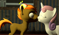 Size: 640x382 | Tagged: safe, derpibooru import, button mash, sweetie belle, 3d, buttonbetes, cute, diasweetes, female, gmod, kissing, lips, male, shipping, straight, surprise kiss, surprised, sweetiemash