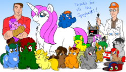 Size: 1400x800 | Tagged: safe, artist:marcusmaximus, archer (character), scootablue, fluffy pony, human, archer (fluffy pony), bowser (fluffy pony), dale the asshole scientist, fall of cleveland, fuzzy pony, lil smarty, marigold (fluffy pony), mercury (fluffy pony), peach (fluffy pony), robofluffy, spaghetti land, sweetheart (fluffy pony), uni the fluffy unicorn