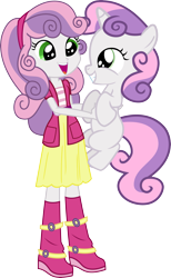 Size: 3229x5245 | Tagged: safe, artist:vector-brony, derpibooru import, sweetie belle, pony, equestria girls, cute, daaaaaaaaaaaw, diasweetes, hnnng, holding a pony, human ponidox, simple background, square crossover, sweet dreams fuel, transparent background, vector, vector-brony is trying to murder us, weapons-grade cute, xk-class end-of-the-world scenario