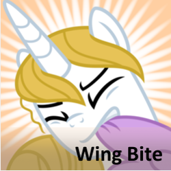 Size: 251x250 | Tagged: safe, artist:dzmaylon, prince blueblood, pony, unicorn, blonde mane, male, solo, spoilered image joke, stallion, white coat, wing bite