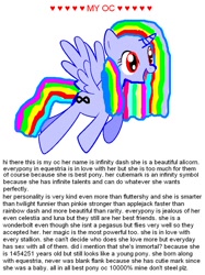 Size: 692x926 | Tagged: safe, derpibooru import, oc, oc only, oc:infinity dash, alicorn, pony, alicorn oc, donut steel, female, mare, mary sue, solo, text