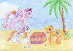 Size: 1024x715 | Tagged: safe, artist:normaleeinsane, derpibooru import, g3, beach, chest, hidden treasure, honolu-loo, ocean dreamer, palm tree, traditional art, treasure chest, tree